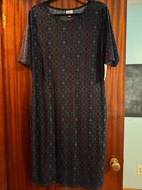 LuLaRoe Midi Dress in Dark Teal and Burgundy Pattern